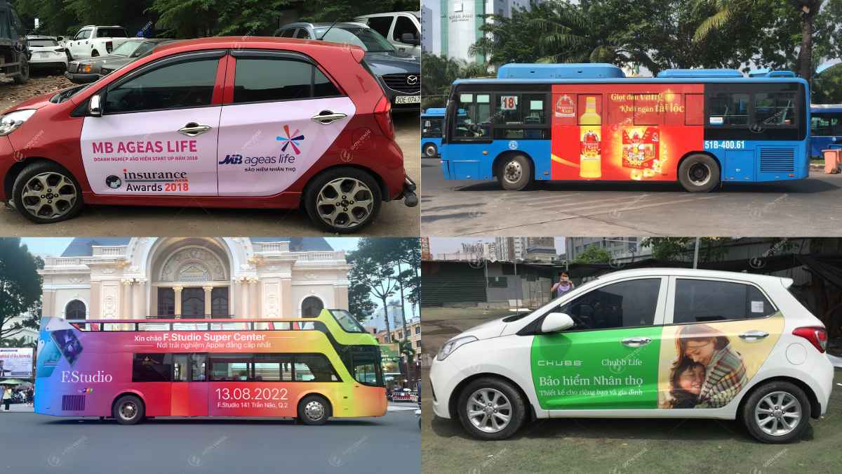 Kích thước quảng cáo trên phương tiện linh hoạt theo từng loại xe, vị trí dán và diện tích hiển thị.